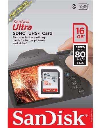 Memoria sd sandisk 16gb clase 10 c10 u1 533x 80mb/s sto